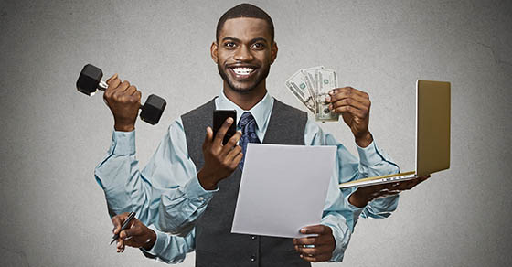Multitasking,Happy,Business,Man,Isolated,On,Grey,Wall,Background